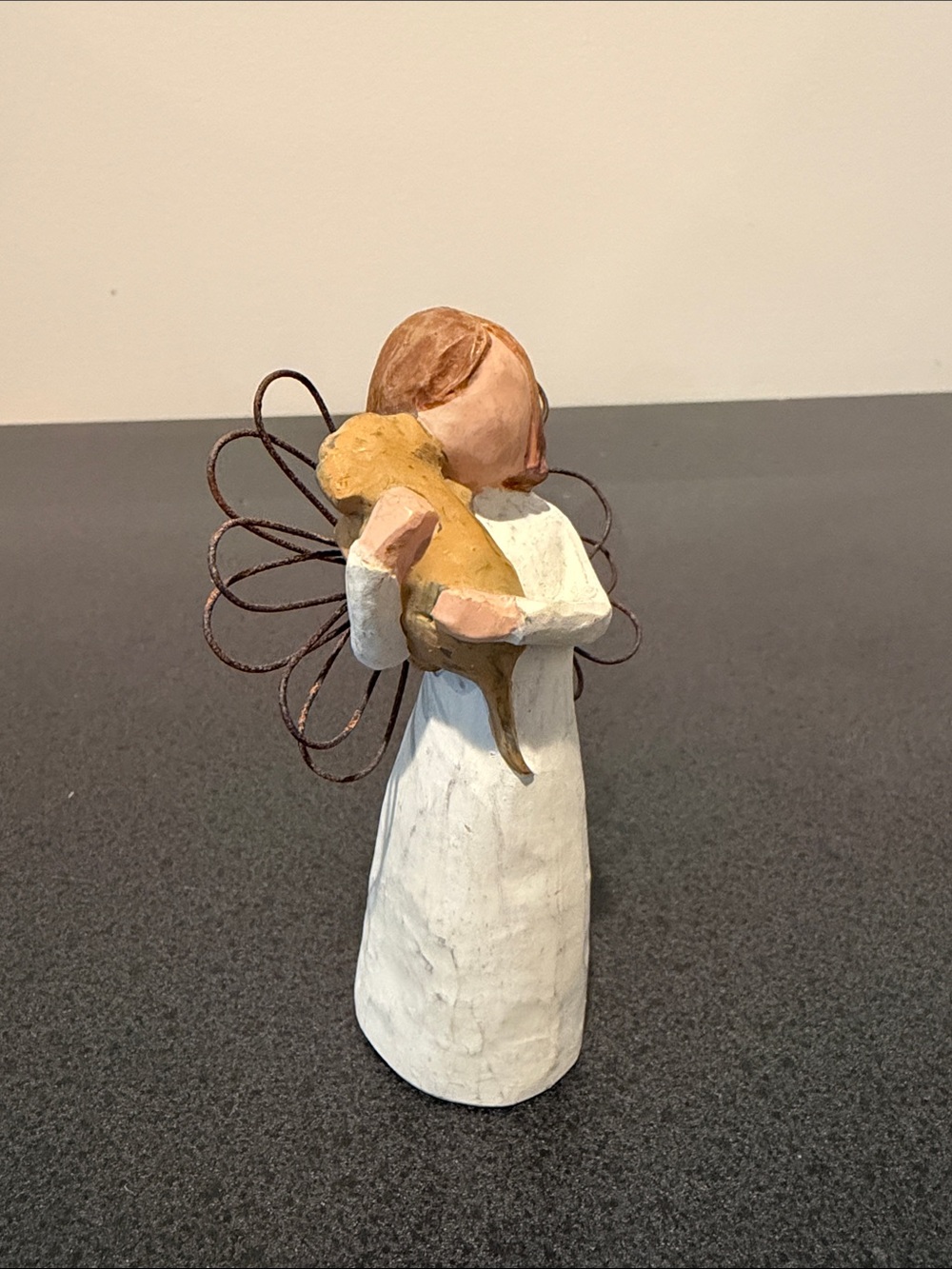 Angel of Friendship Figurine Holding a Puppy - White Dress, Brown Hair